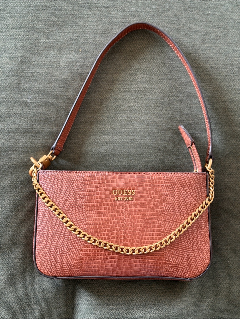 GUESS Brown Small Top Zip Chain-Accent Shoulder Bag